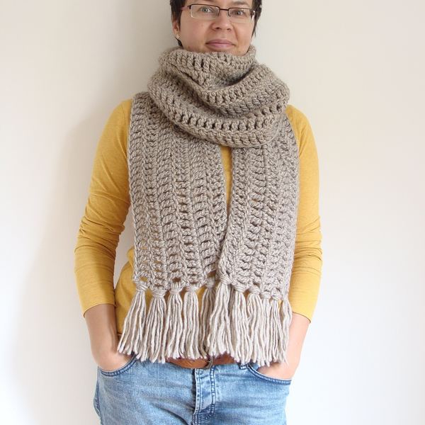 Boho Crochet Scarf: Extra Long Taupe Fringe Wrap