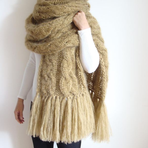Cable Knit Mohair Scarf with Tassels: Oversized Winter Wrap
