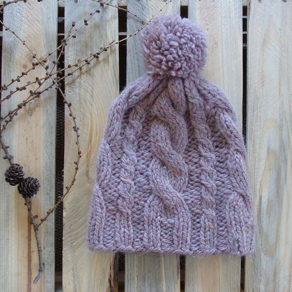 Chunky Cable Knit Beanie with Pompom: Wool Alpaca Blend