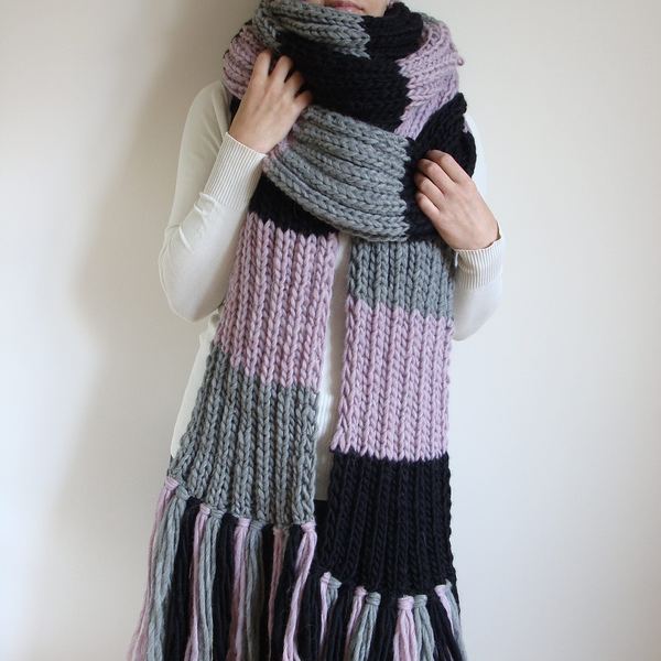 Chunky Knit Wool Scarf: Oversized Striped Fringe Scarf