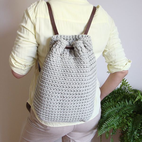 Crochet Cotton Rope Backpack: Convertible Bucket Rucksack with Leather Straps