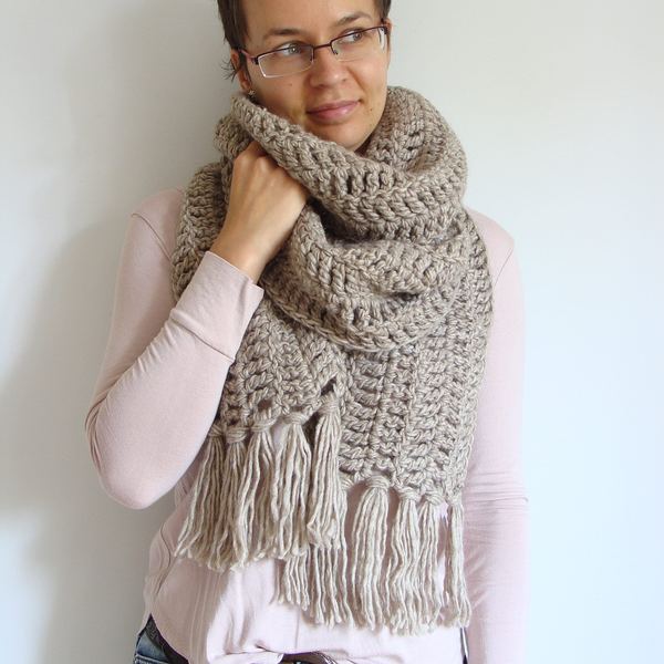 Extra Long Crochet Scarf: Wool Alpaca Blend, Boho Fringe Wrap