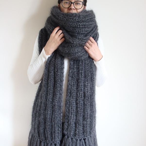 Grey Oversized Mohair Knit Scarf, Extra Long Chunky Wrap with tassels