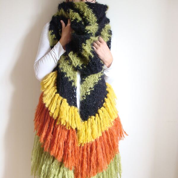 Hand Knit Mohair Blanket Scarf: Chunky Striped Wool Tassel Shawl