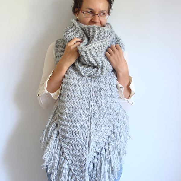 Oversized Knit Wool Scarf with Tassels: Extra Long Asymmetric Wrap