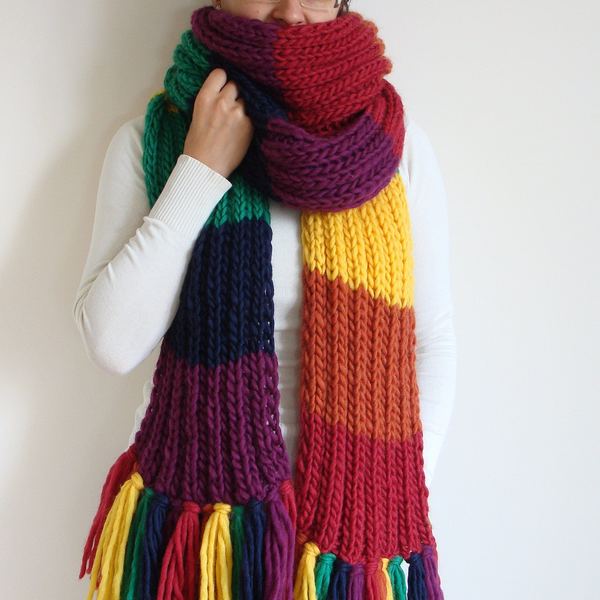 Rainbow Wool Knit Scarf: Jumbo Fringe Shawl