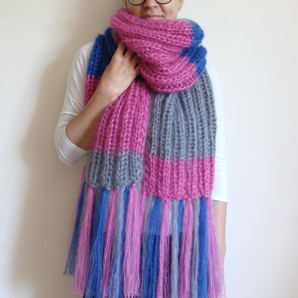 Striped Knit Mohair Scarf with Tassels: Oversized Woolen Shawl