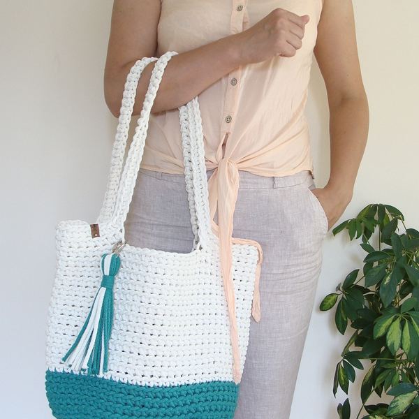 Two-Tone Crochet Cotton Rope Tote Bag: Boho Beach Purse