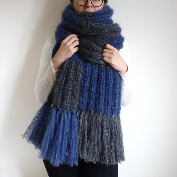 Wide Knit Mohair Scarf with Stripes and Tassels